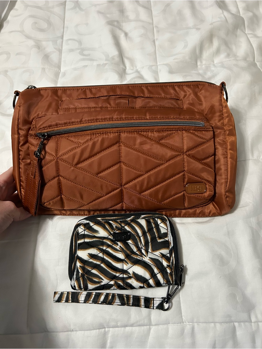Lug Stretch Copper Crossbody and Rodeo Zebra-Print Wristlet EUC